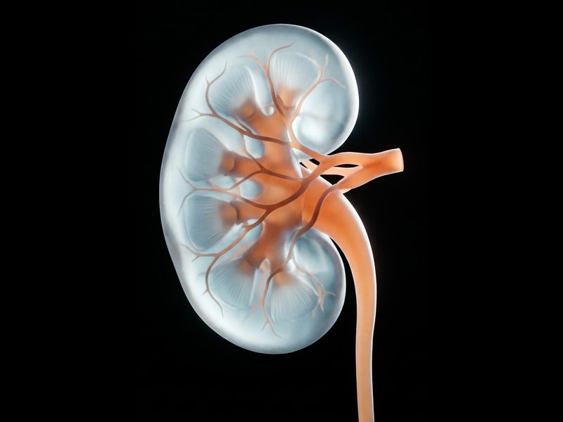 Ilustración 3D del riñón con pelvis renal y uréter